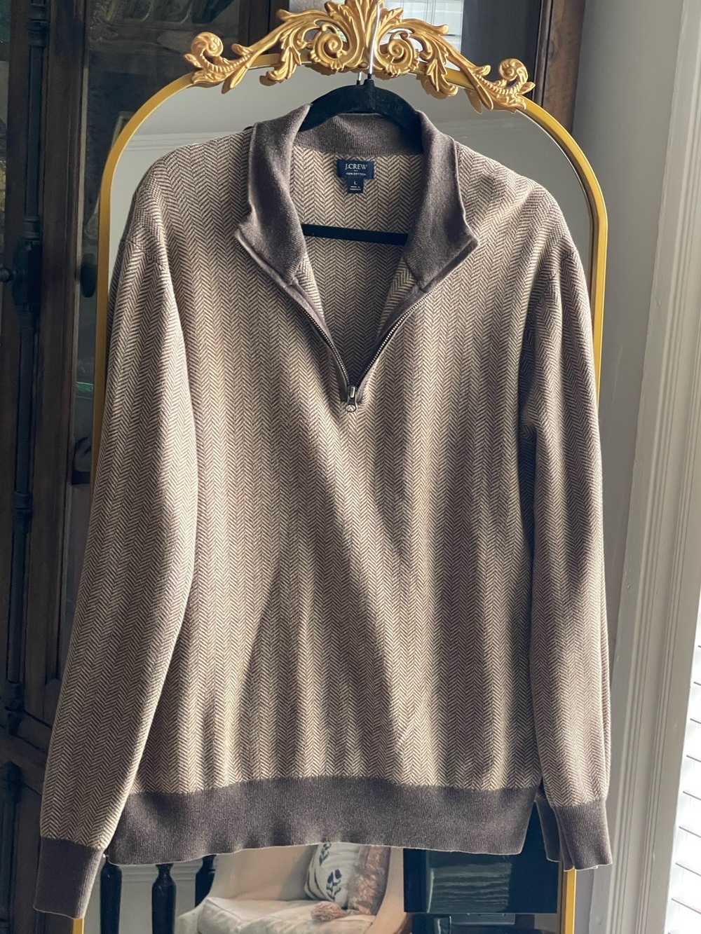 J. Crew Factory 100% Cotton Men’s Brown Herringbone Half-Zip Sweater